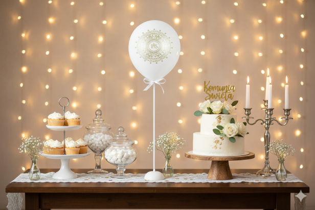 Balon komunijny „Ornament White” – biodegradowalny lateks 30 cm