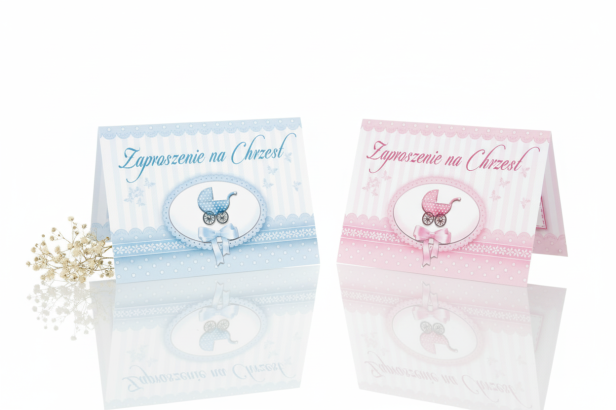 Zaproszenia na Chrzest Święty "WÓZEK" - komplet 10 sztuk