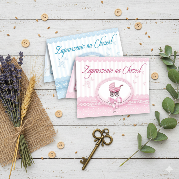 Zaproszenia na Chrzest Święty "WÓZEK" - komplet 10 sztuk