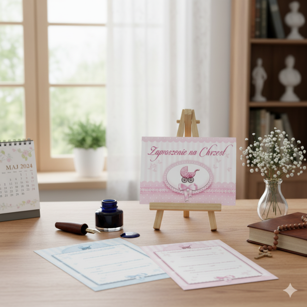 Zaproszenia na Chrzest Święty "WÓZEK" - komplet 10 sztuk
