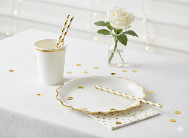 Talerzyki Papierowe Premium – białe ze złotym rantem (6 szt.)