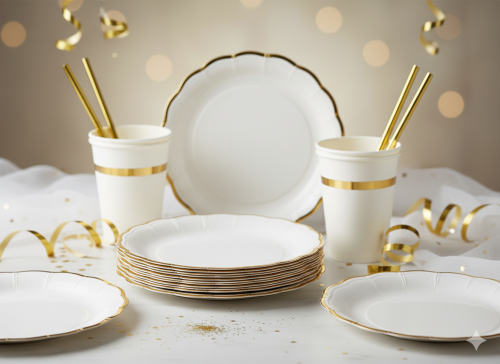 Talerzyki Papierowe Premium – białe ze złotym rantem (6 szt.)