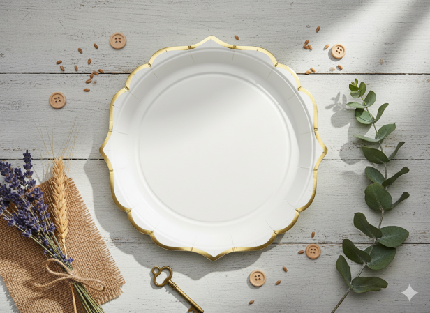 Talerzyki Papierowe Premium – białe ze złotym rantem (6 szt.)