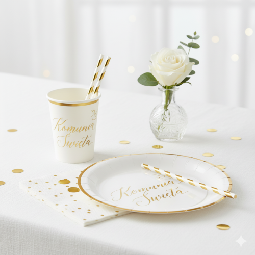 Kubeczki Papierowe „Komunia Święta” – biało-złote 220 ml (6 szt.)