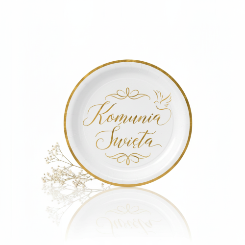 Talerzyki Papierowe „Komunia Święta” – białe ze złotym nadrukiem IHS (6 szt.)