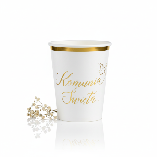 Kubeczki Papierowe „Komunia Święta” – biało-złote 220 ml (6 szt.)