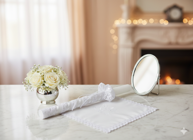 Stylowy zestaw do Chrztu świeca i szatka na Chrzest z koronką bawełnianą BIAŁY