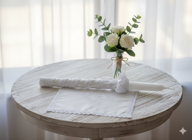 Stylowy zestaw do Chrztu świeca i szatka na Chrzest z koronką bawełnianą BIAŁY