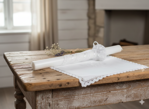 Stylowy zestaw do Chrztu świeca i szatka na Chrzest z koronką bawełnianą BIAŁY