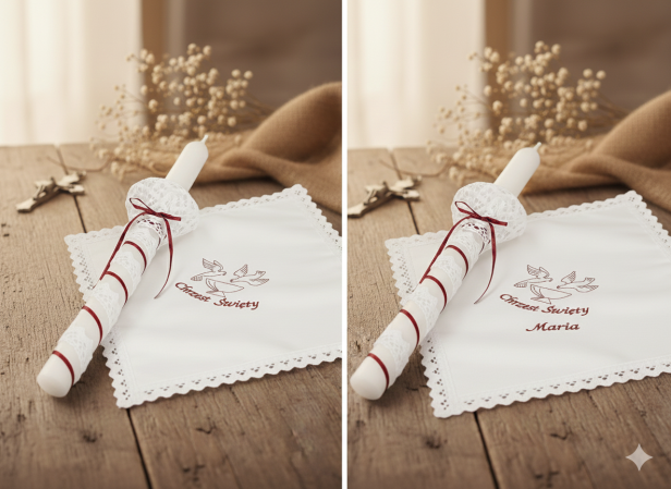 Stylowy zestaw do Chrztu świeca i szatka na Chrzest z koronką bawełnianą BORDO