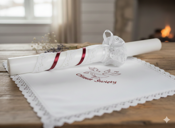 Stylowy zestaw do Chrztu świeca i szatka na Chrzest z koronką bawełnianą BORDO