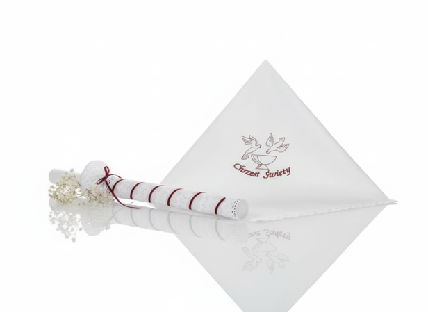 Stylowy zestaw do Chrztu świeca i szatka na Chrzest z koronką bawełnianą BORDO