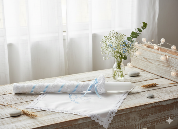 Stylowy zestaw do Chrztu świeca i szatka na Chrzest z koronką bawełnianą BŁĘKIT