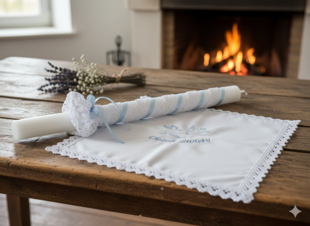 Stylowy zestaw do Chrztu świeca i szatka na Chrzest z koronką bawełnianą BŁĘKIT