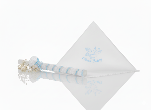 Stylowy zestaw do Chrztu świeca i szatka na Chrzest z koronką bawełnianą BŁĘKIT