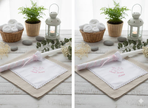 Stylowy zestaw do Chrztu świeca i szatka na Chrzest z koronką bawełnianą RÓŻOWY