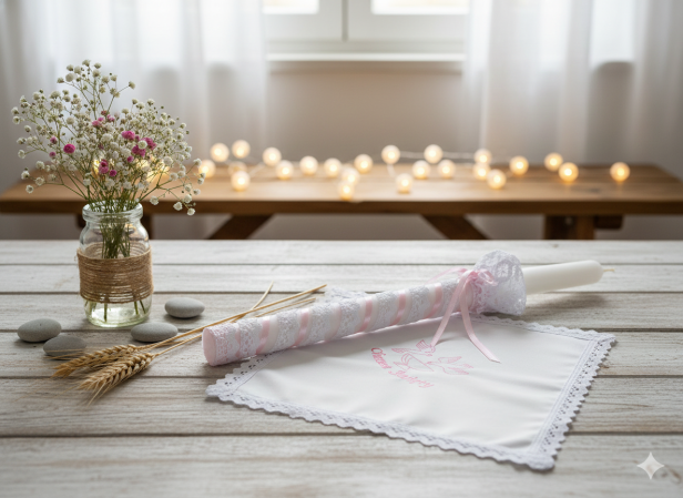 Stylowy zestaw do Chrztu świeca i szatka na Chrzest z koronką bawełnianą RÓŻOWY