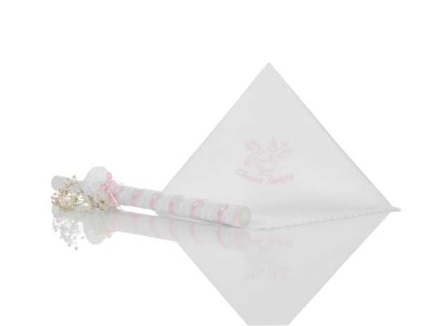 Stylowy zestaw do Chrztu świeca i szatka na Chrzest z koronką bawełnianą RÓŻOWY