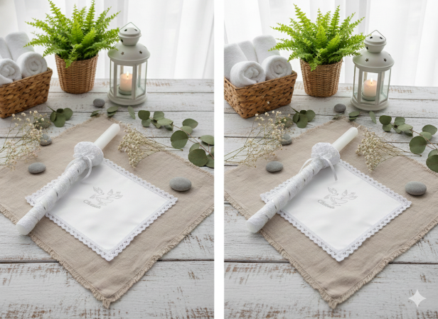 Stylowy zestaw do Chrztu świeca i szatka na Chrzest z koronką bawełnianą SREBRNY