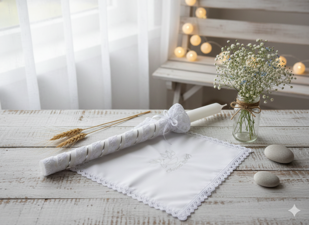 Stylowy zestaw do Chrztu świeca i szatka na Chrzest z koronką bawełnianą SREBRNY