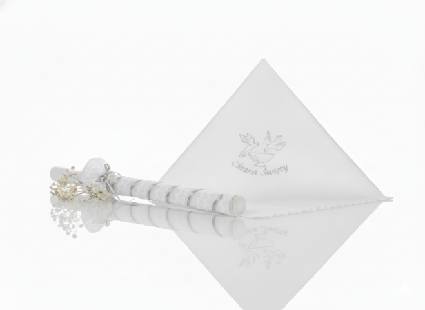 Stylowy zestaw do Chrztu świeca i szatka na Chrzest z koronką bawełnianą SREBRNY