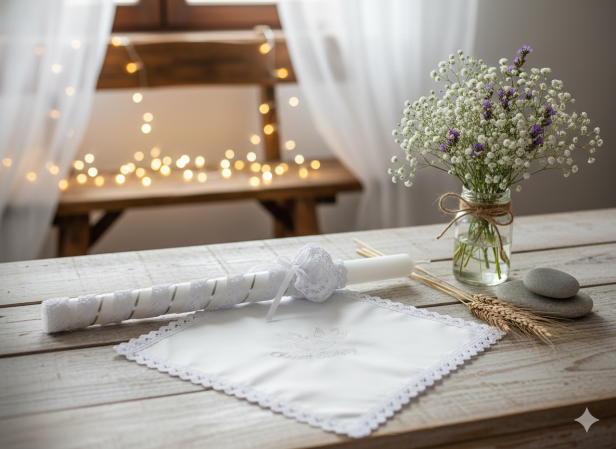 Stylowy zestaw do Chrztu świeca i szatka na Chrzest z koronką bawełnianą SREBRNY