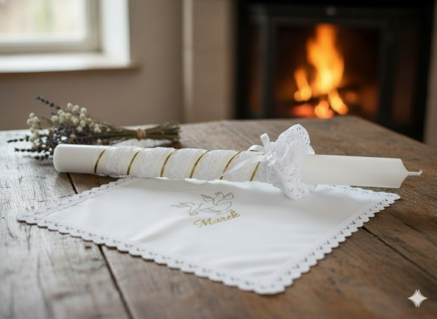 z personalizacją - Stylowy zestaw do Chrztu świeca i szatka na Chrzest z koronką bawełnianą ZŁOTO