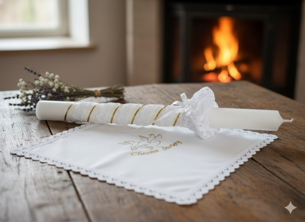 bez personalizacji -Stylowy zestaw do Chrztu świeca i szatka na Chrzest z koronką bawełnianą ZŁOTO