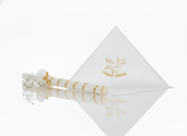 Stylowy zestaw do Chrztu świeca i szatka na Chrzest z koronką bawełnianą ZŁOTO