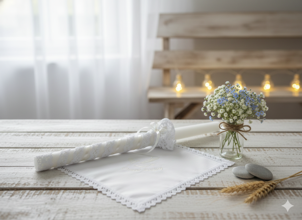 Stylowy zestaw do Chrztu świeca i szatka na Chrzest z koronką bawełnianą - (écru)