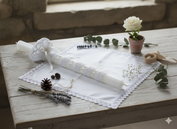 Stylowy zestaw do Chrztu świeca i szatka na Chrzest z koronką bawełnianą - (écru)