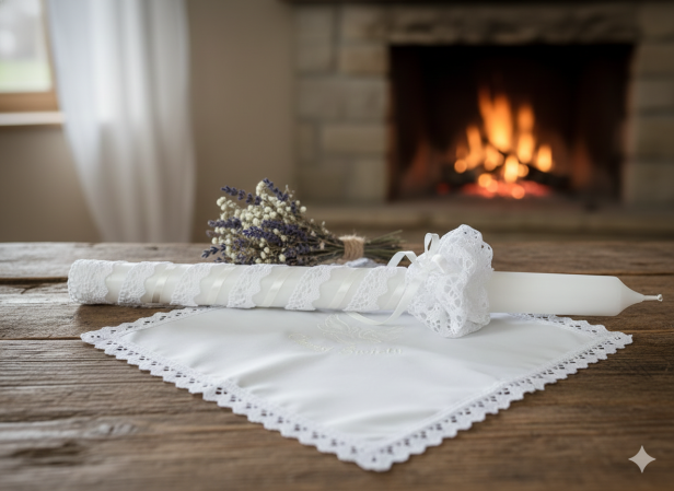 bez personalizacji - Stylowy zestaw do Chrztu świeca i szatka na Chrzest z koronką bawełnianą - (écru)