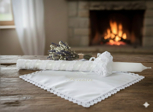 z personalizacją - Stylowy zestaw do Chrztu świeca i szatka na Chrzest z koronką bawełnianą - (écru)