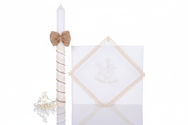 Zestaw do Chrztu KOLORY ZIEMI – Świeca i Szatka z Haftem | Piasek Pustyni lub Ziemia Afryki