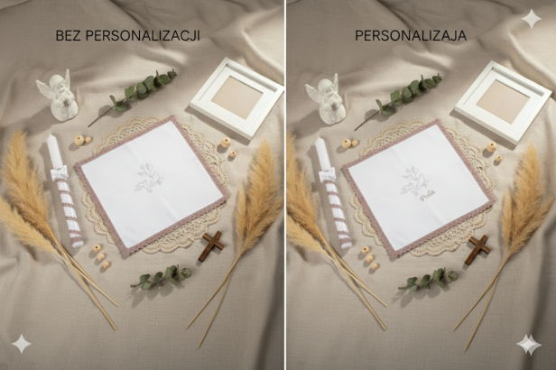 opcje personalizacji  - ♻ Zestaw do Chrztu KOLORY ZIEMI – Świeca i Szatka z Haftem | Piasek Pustyni lub Ziemia Afryki