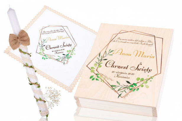 Eko zestaw ♻ PUDEŁKO • ŚWIECA • SZATKA – Pamiątka Chrztu Świętego