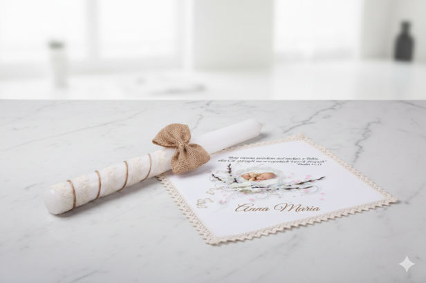 Eko zestaw KOLORY ZIEMI ♻ ŚWIECA I SZATKA z nadrukiem - Pamiątka Chrztu Gromnica na Chrzest