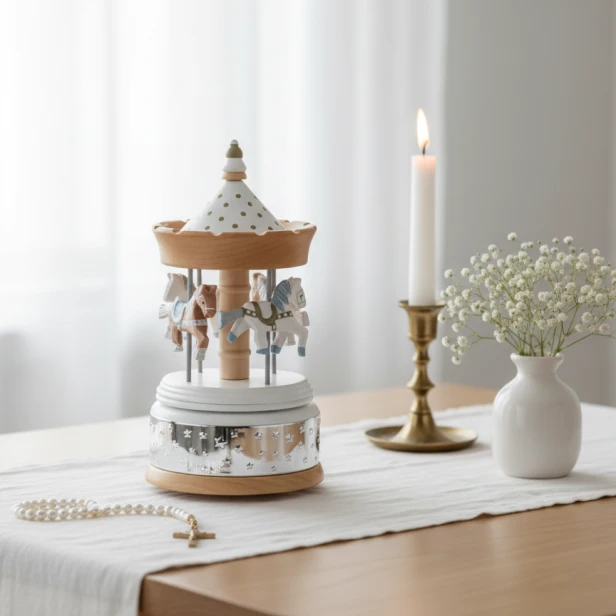 Drewniana karuzela z pozytywką WOOD & SILVER – aranżacja w pokoju dziecka