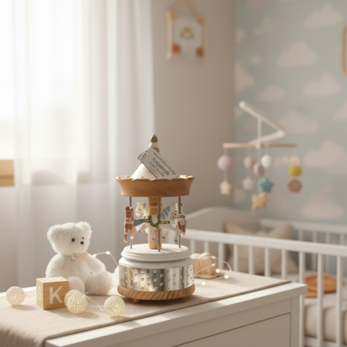 Karuzela WOOD & SILVER z pozytywką – personalizowana pamiątka z grawerem