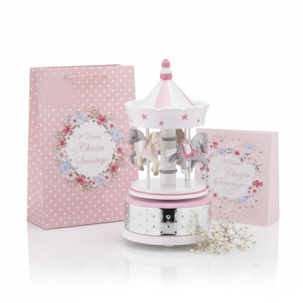 Zestaw upominkowy ROYAL PINK – karuzela pozytywka, laurka i torba prezentowa