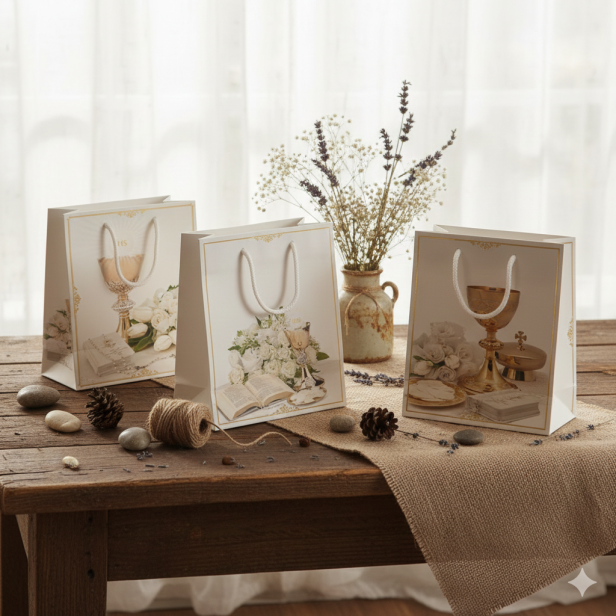 Torebka prezentowa A4 – IHS, Pierwsza Komunia Święta (22 × 31 cm)