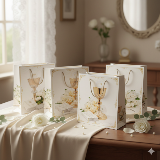 Torebka prezentowa A4 – IHS, Pierwsza Komunia Święta (22 × 31 cm)