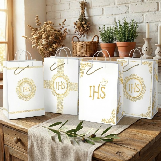 Torebka prezentowa A5 – Złota Mandala IHS, I Komunia Święta (15 × 20 cm)