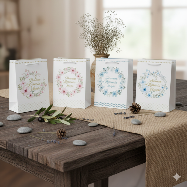 Torebka prezentowa A4 – Pastelowa I Komunia Święta (22 × 31 cm)