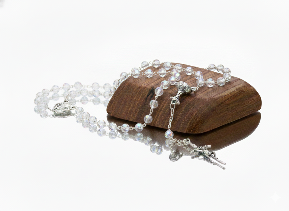 Różaniec komunijny IHS kryształki Crystal AB – 46 cm