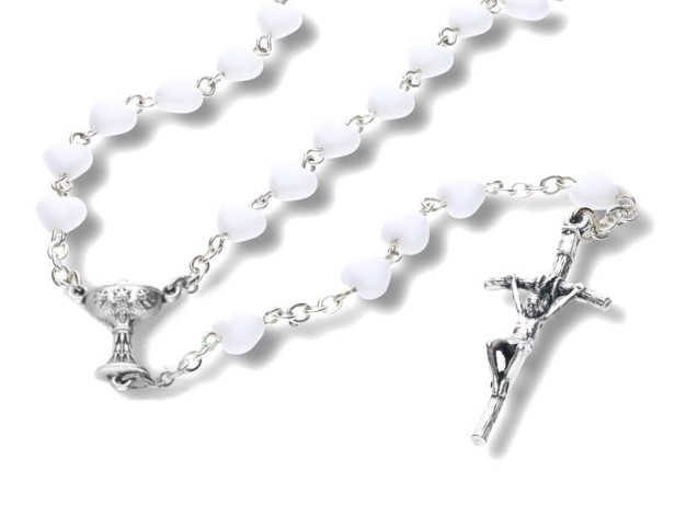 Różaniec komunijny SERDUSZKA biała kreda – 47 cm