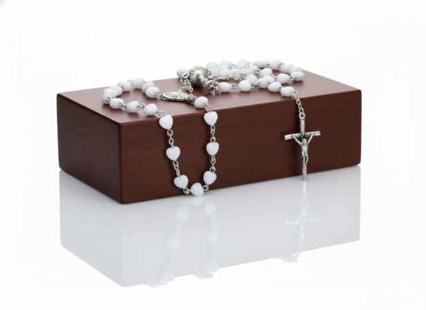 Różaniec komunijny SERDUSZKA biała kreda – 47 cm