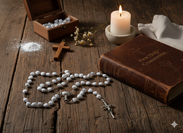 Różaniec komunijny SERDUSZKA biała kreda – 47 cm