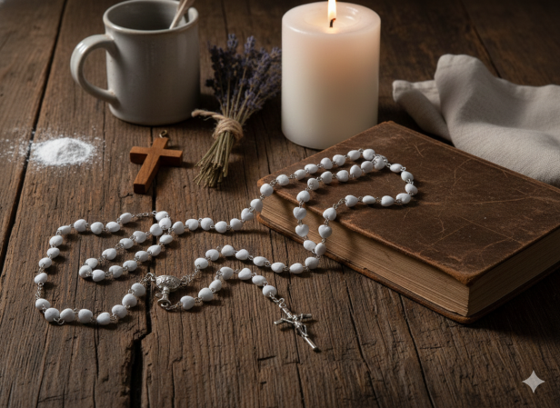 Różaniec komunijny SERDUSZKA biała kreda – 47 cm