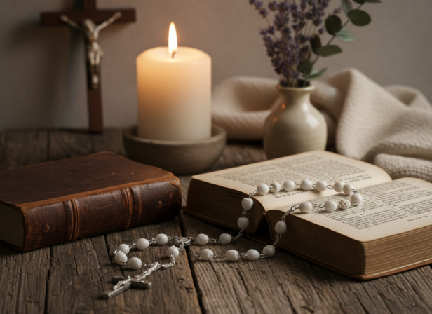 Różaniec komunijny SERDUSZKA biała kreda – 47 cm